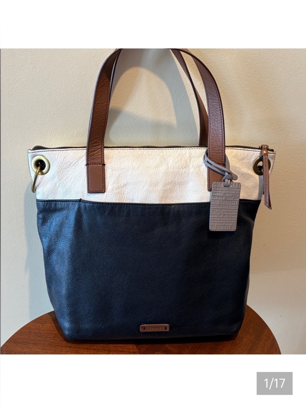 Fossil  shoulder bag  Tote  pebbled leather  black/white/brown front & back slip